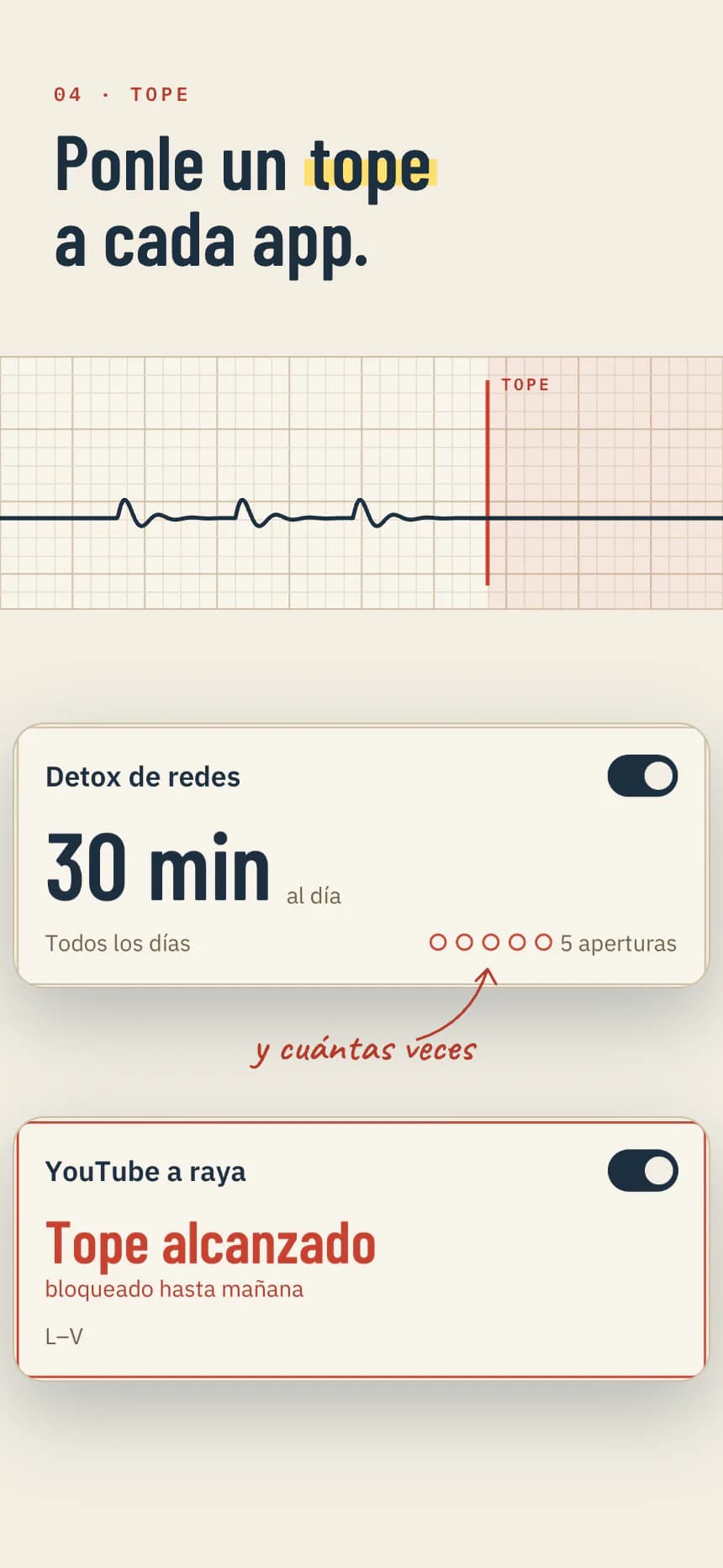 Límites: ponle un tope a cada app. Detox de redes, 30 minutos al día; YouTube a raya, tope alcanzado.