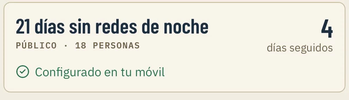 Tarjeta del reto «21 días sin redes de noche»: público, 9 personas, 4 días seguidos y configurado en tu móvil.