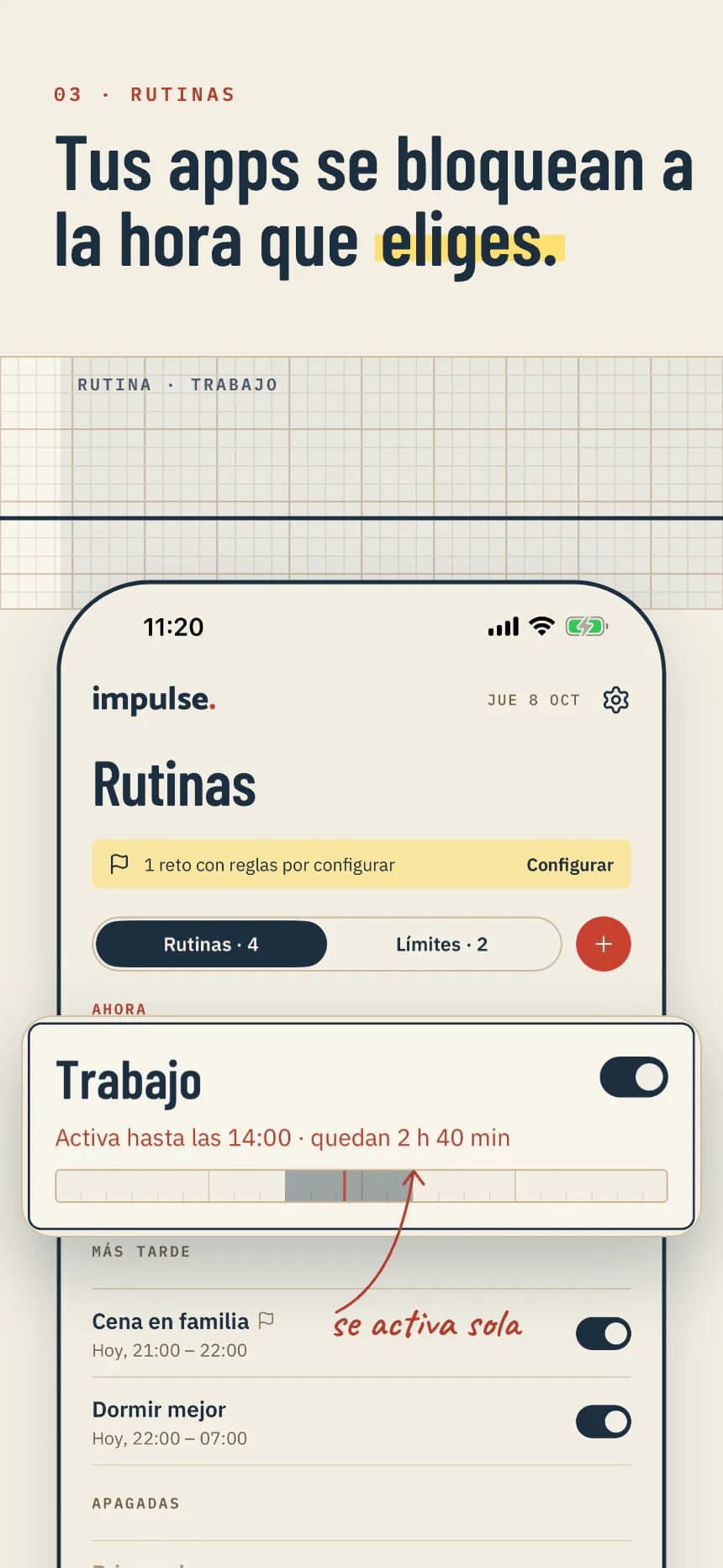 Rutinas: tus apps se bloquean a la hora que eliges. La rutina Trabajo se activa sola hasta las 14:00.