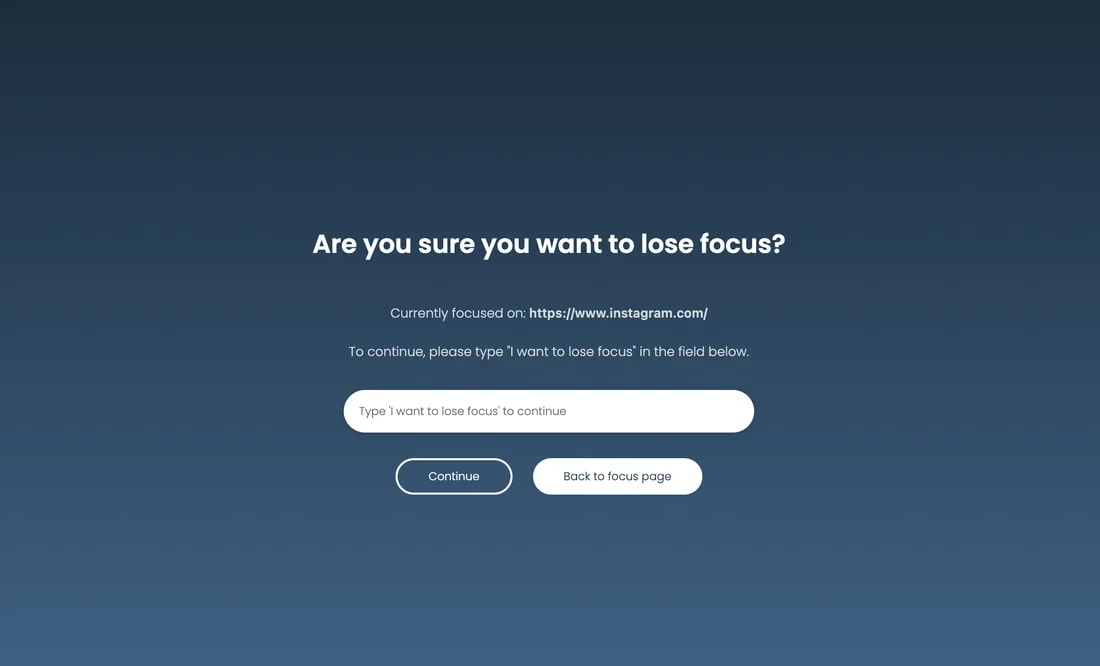 Pantalla de bloqueo de Impulse en el navegador, pidiendo escribir una frase antes de poder continuar en instagram.com.