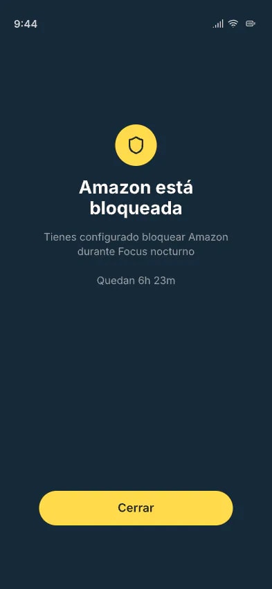 Pantalla de bloqueo de Impulse en iPhone: Amazon está bloqueada durante el modo Focus nocturno, quedan 6 h 23 min, con un botón para cerrar.