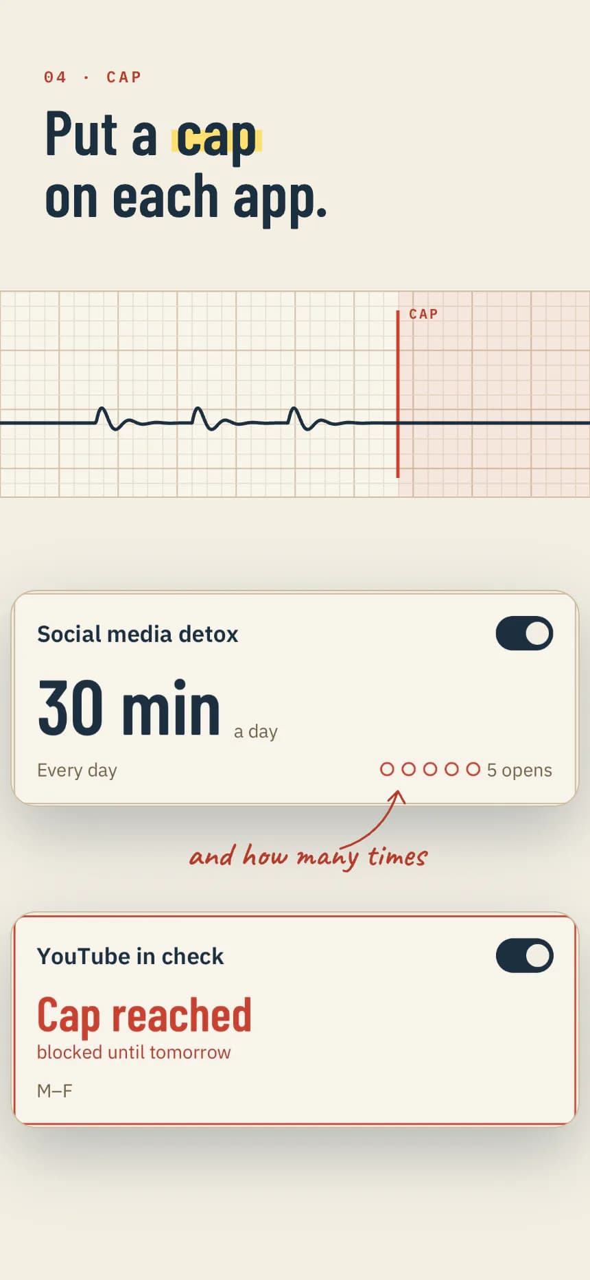 Limits: put a cap on each app. Social detox, 30 minutes a day; YouTube in check, cap reached.