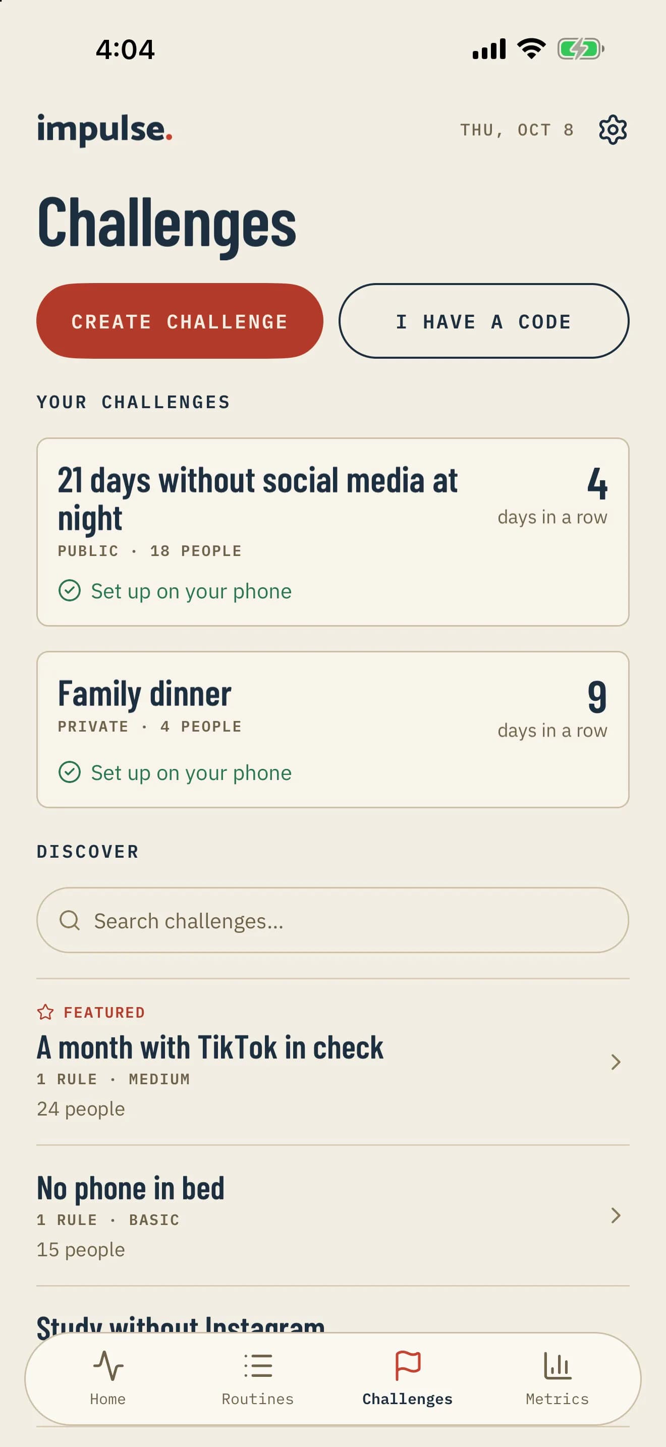 Impulse Challenges tab on iPhone, with the Create challenge and I have a code buttons and the list of your challenges.