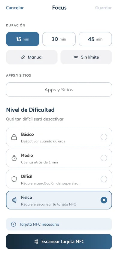 Configuración de un modo de foco en Impulse para iPhone, con los niveles de dificultad Básico, Medio, Difícil y Físico, este último seleccionado y con el botón para escanear la tarjeta NFC.