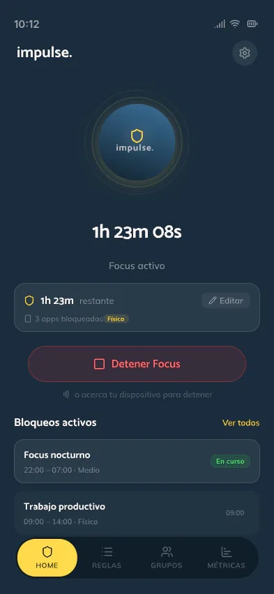 Sesión de foco activa en Impulse: 1 h 23 min 08 s restantes, bloqueos activos y un botón para detener el foco.