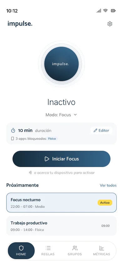 Inicio de Impulse en iPhone con el modo Focus inactivo, el botón de iniciar foco y los próximos bloqueos programados.