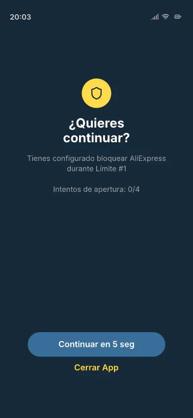 Pantalla de Impulse en iPhone antes de abrir una app bloqueada: pregunta si quieres continuar, indica que Amazon está bloqueada durante el modo Focus nocturno y muestra 0 de 4 intentos de apertura.