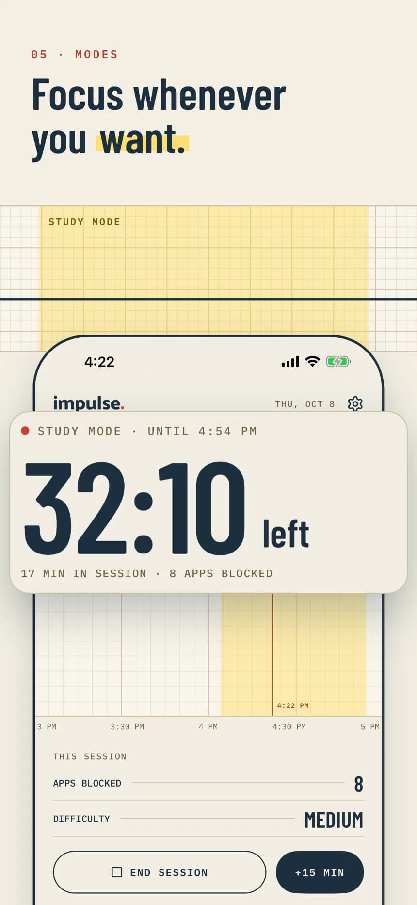 Modes: focus whenever you want. A mode running, with the countdown of what’s left.