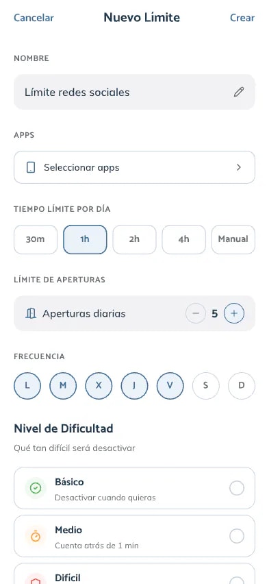 Formulario de límite nuevo en Impulse para iPhone: tiempo límite por día, límite de aperturas diarias fijado en 5, frecuencia por días y nivel de dificultad.