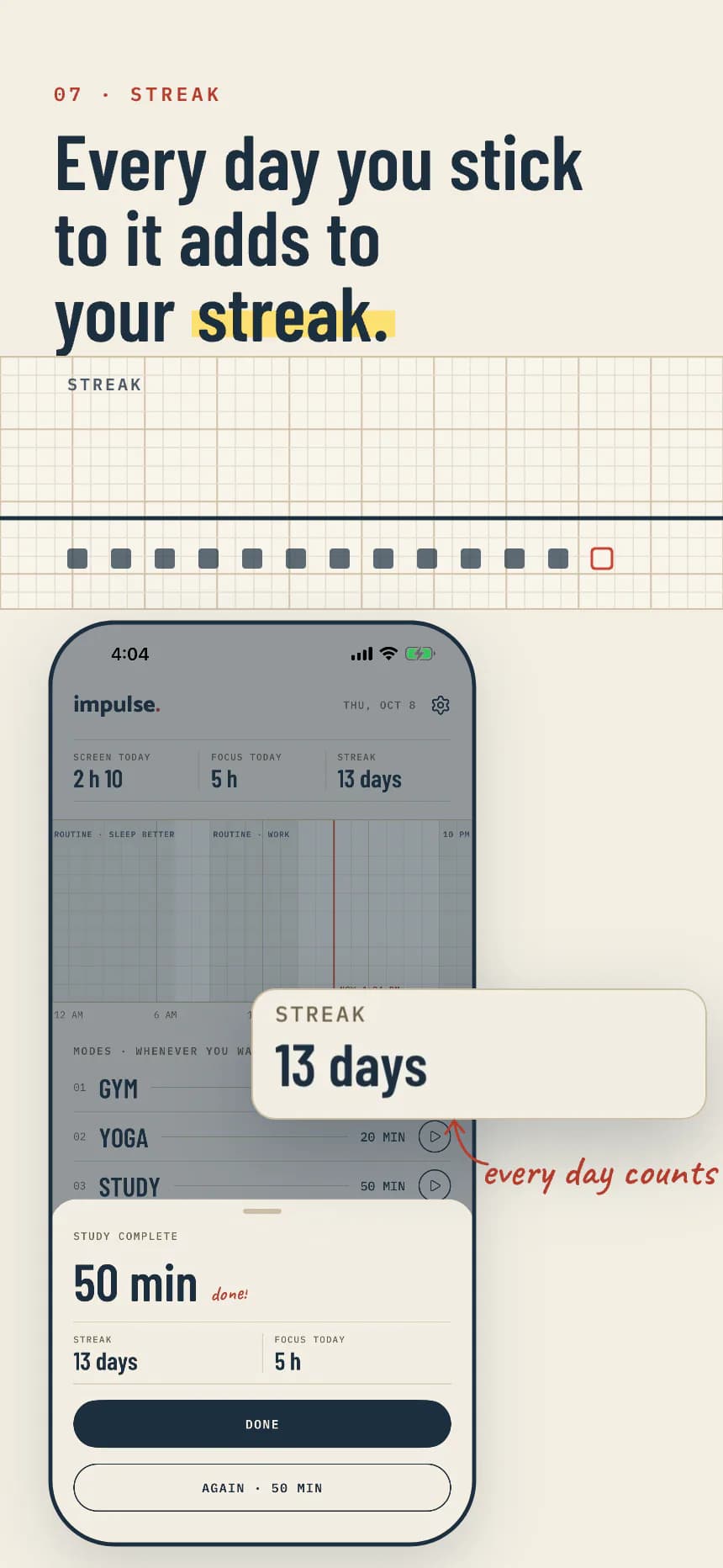 Streak: every day you keep to it adds to your streak. 13 days in a row.